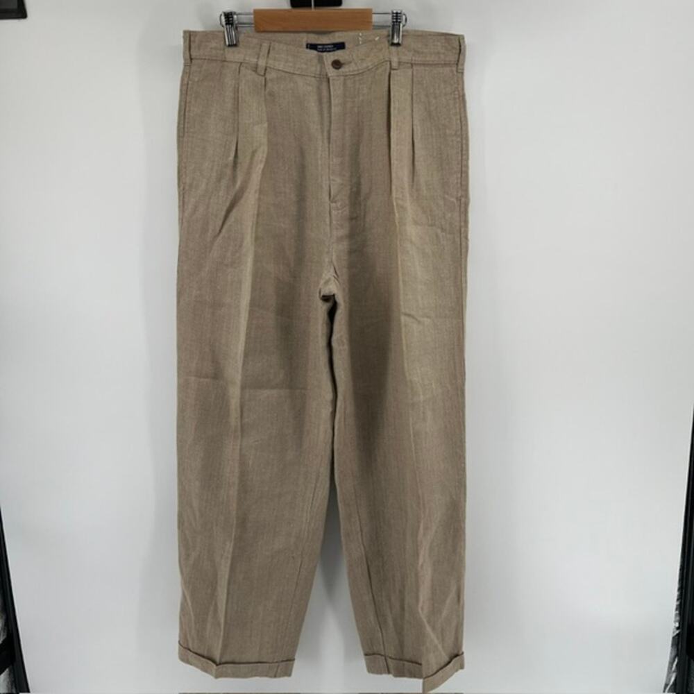 CHAPS Ralph Lauren 100% Linen Chino Pants Mens 33x30 Cuffed Tan PreppyBreathable